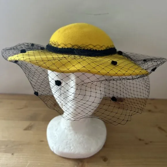 Vtg Fashion Hat WPL 4384 Yellow Wool Felt w Black Mesh w Polka Dots 53 cm - Picture 2 of 9